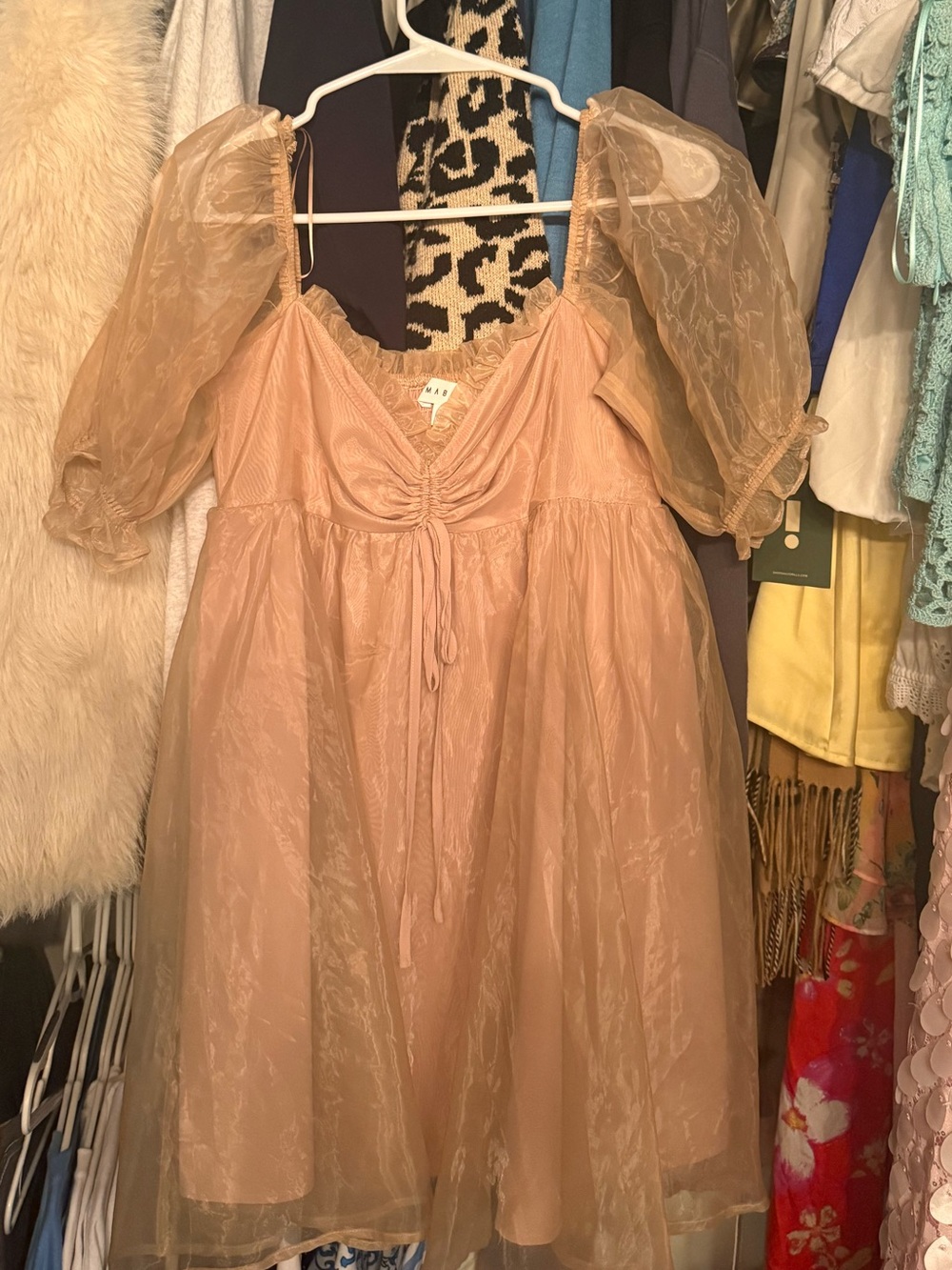 Sheer Peach Midi Dress with Puff Sleeves